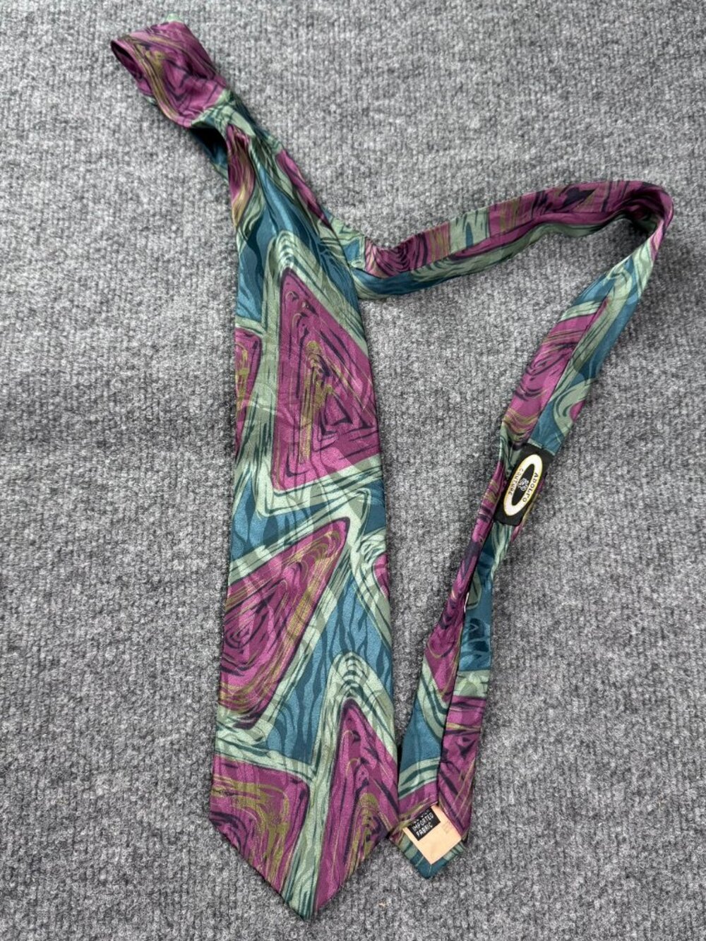 Vintage Adolfo Couture Silk Necktie Mens Purple Teal Abstract Geometric Swirl